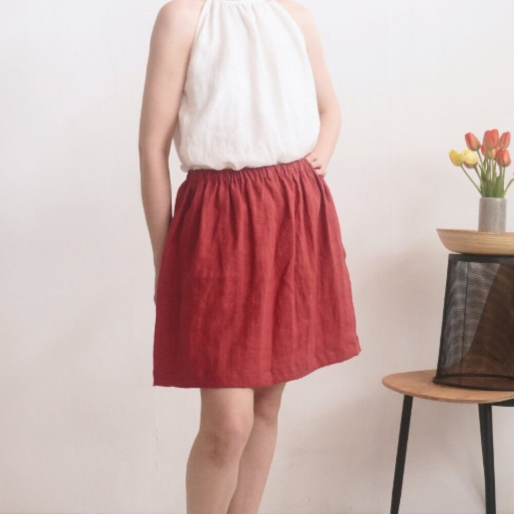 MEETRA LINEN I Raspberry Pull-On A-Linen Linen Maranon Short Skirt, M - Picture 3 of 10